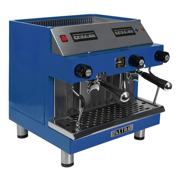 An Astra Mega II automatic blue espresso machine with two silver handles.