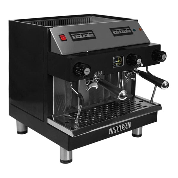 A black and silver Astra Mega II automatic espresso machine.