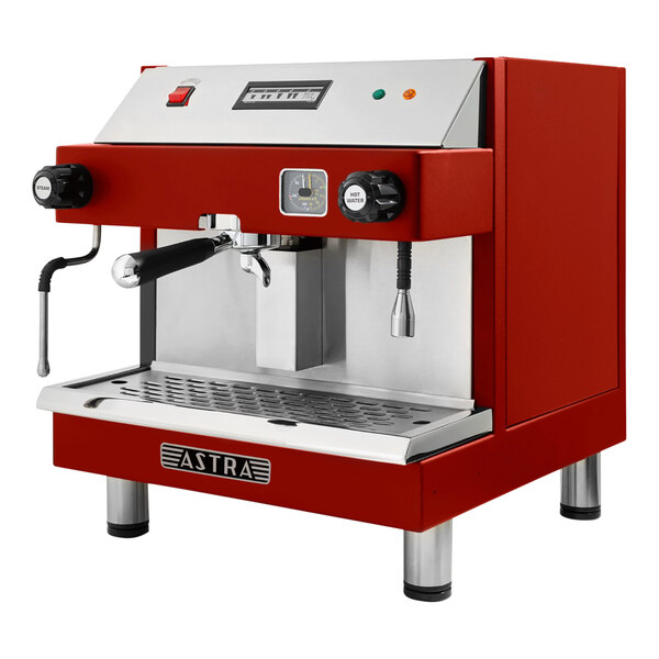 A red and stainless steel Astra Mega I automatic espresso machine.
