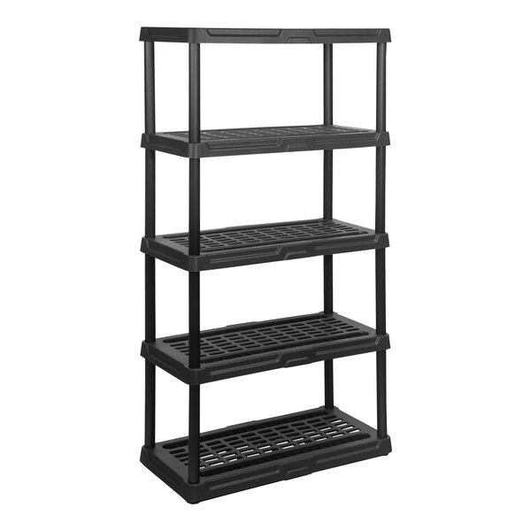 A black plastic Tough Shelf storage rack with five shelves.