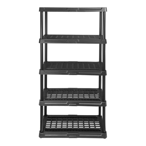 A black plastic Tough Shelf 5-Shelf System with shelves.