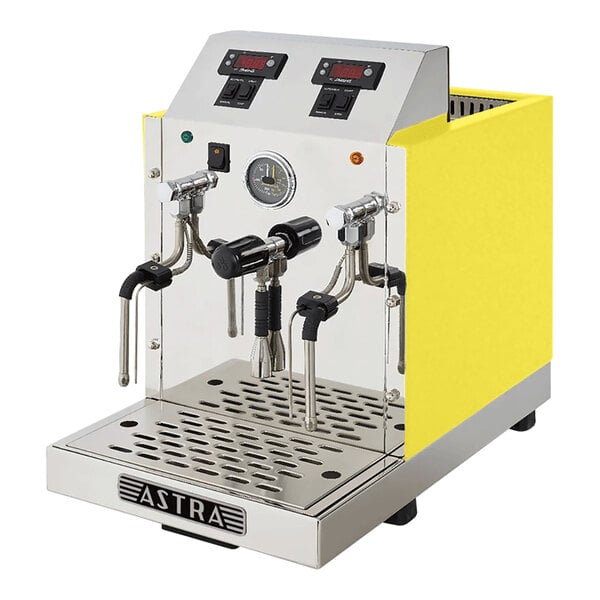 An automatic two-wand milk and beverage steamer with a gloss yellow exterior and stainless steel front panel.
