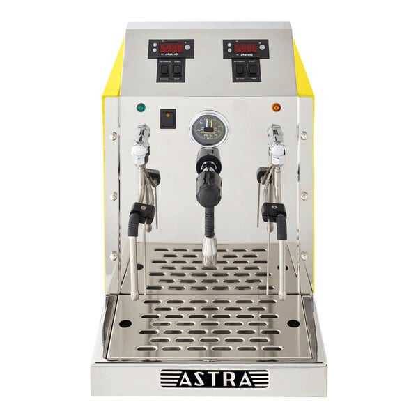 An automatic two-wand milk and beverage steamer with a stainless steel finish and yellow side panels.