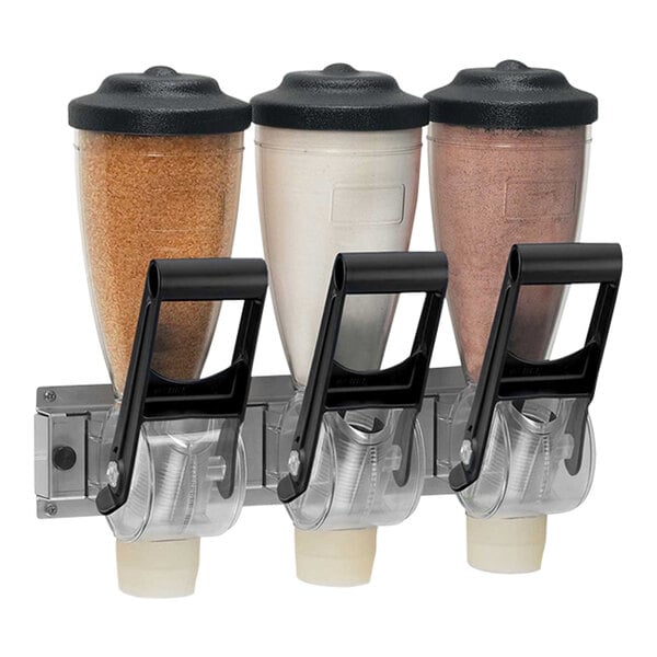 A Server triple canister dry food dispenser with three containers holding brown and white powder.