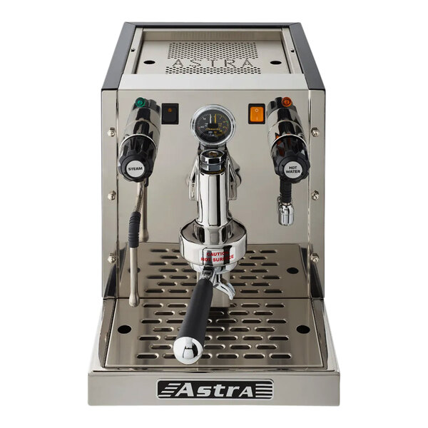 A silver and black Astra Gourmet semi-automatic espresso machine.