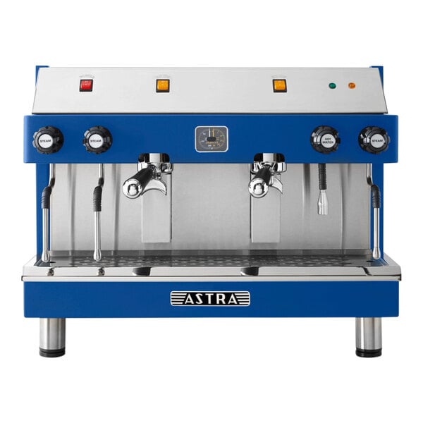 An Astra Mega II blue and silver semi-automatic espresso machine with two buttons.