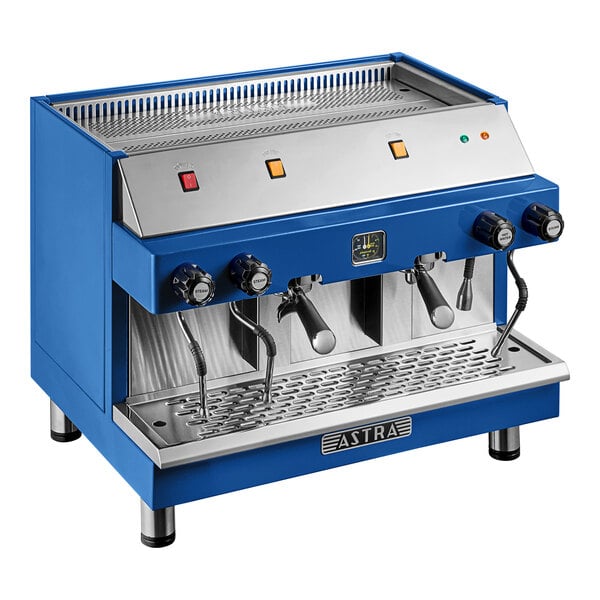 An Astra Mega II M2S-017-BL semi-automatic blue espresso machine with dual group heads and steam wands.