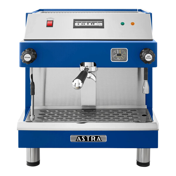 An Astra Mega blue and silver espresso machine.