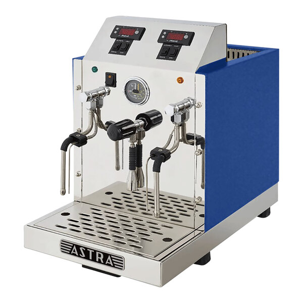 An automatic two-wand milk and beverage steamer with a gloss blue exterior and stainless steel front panel.