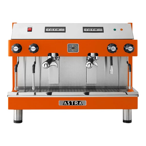 An orange and silver Astra Mega II automatic espresso machine.