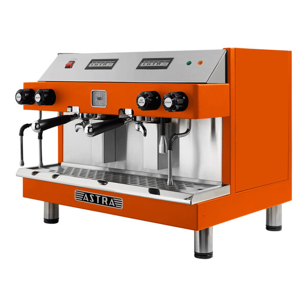An orange and silver Astra Mega II automatic espresso machine.