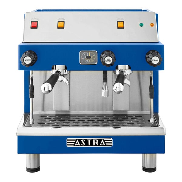 A blue and silver Astra Mega II compact espresso machine with two coffee cups.