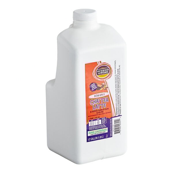 A white container of Oregon Chai Extra Spicy Chai Super Concentrate.