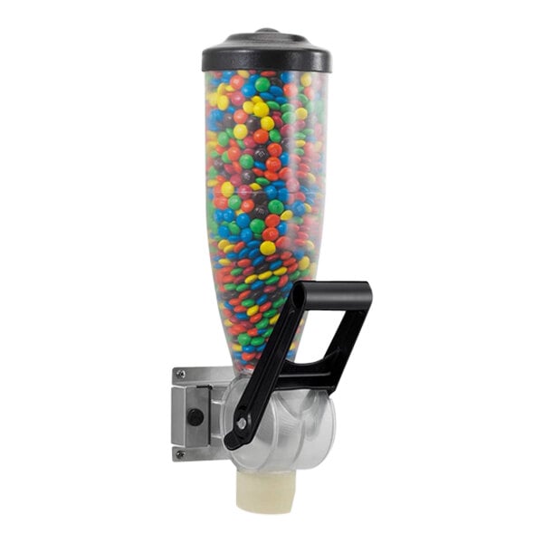 A Server candy dispenser with a black handle filled with colorful candy.