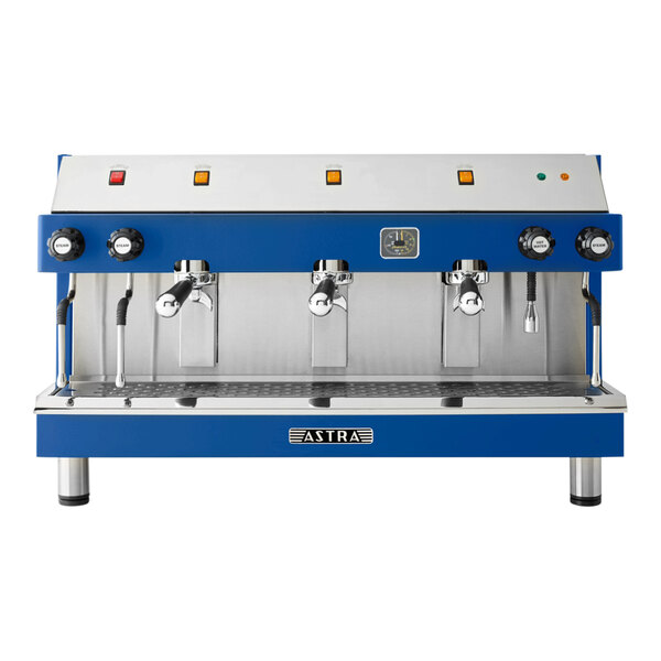 A blue and silver Astra Mega III espresso machine.