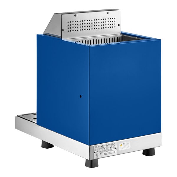 An automatic milk and beverage steamer with a gloss blue exterior and two steam wands.