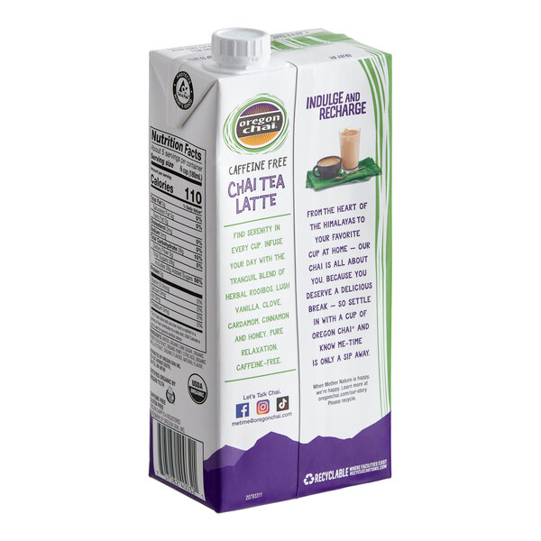 A 32 fl. oz. carton of Oregon Chai Organic Caffeine-Free Chai Tea Latte 1:1 Concentrate.