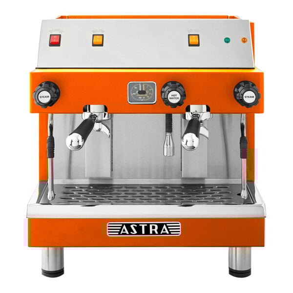 An orange and silver Astra Mega II compact espresso machine with two spouts.