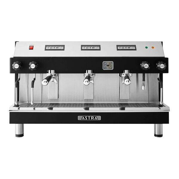 An Astra Mega III black and stainless steel espresso machine.