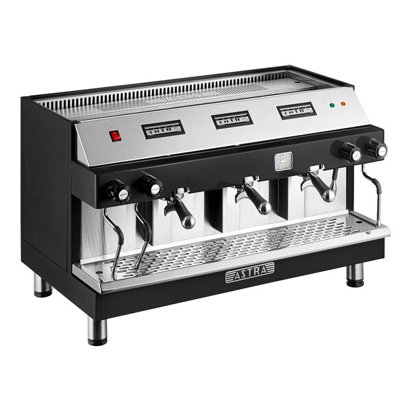 An automatic black espresso machine with three group heads and steam wands, designed for commercial use.