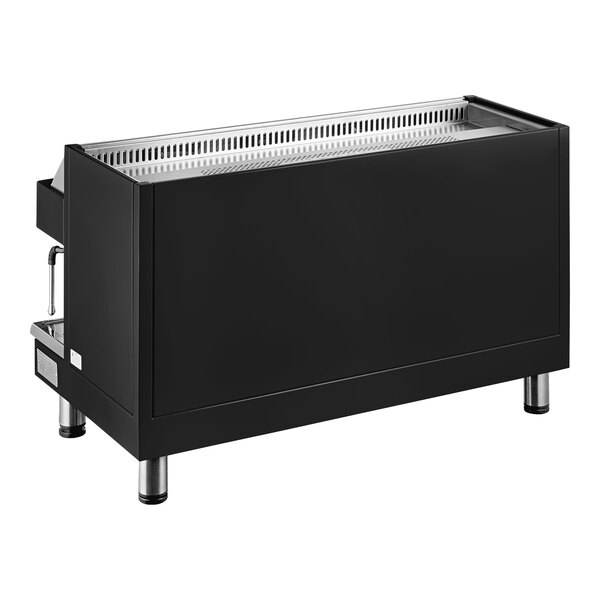 An automatic black espresso machine with a rectangular design and metal legs.