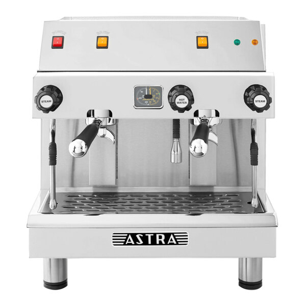 A white Astra Mega II semi-automatic espresso machine with silver accents.