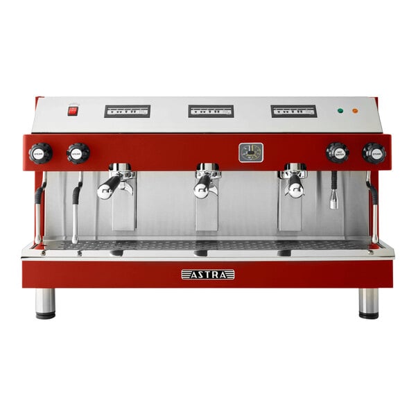 A red and silver Astra Mega III espresso machine.