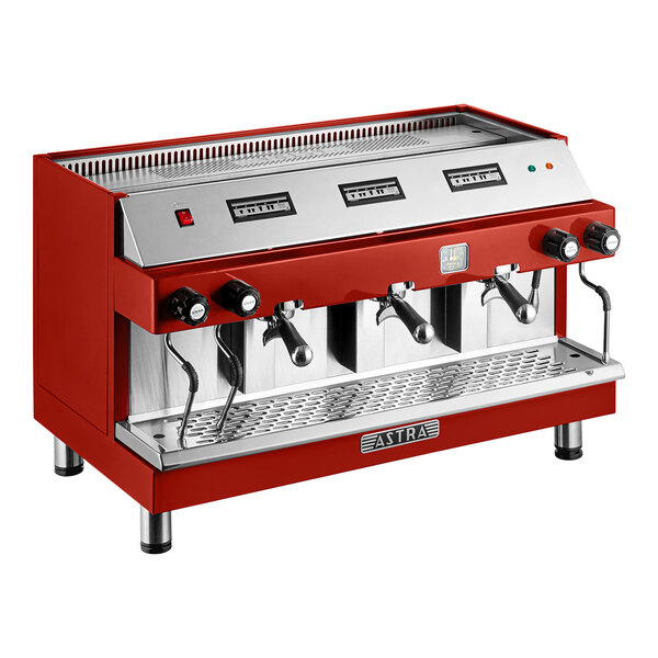 An automatic red espresso machine with three group heads and multiple control knobs.