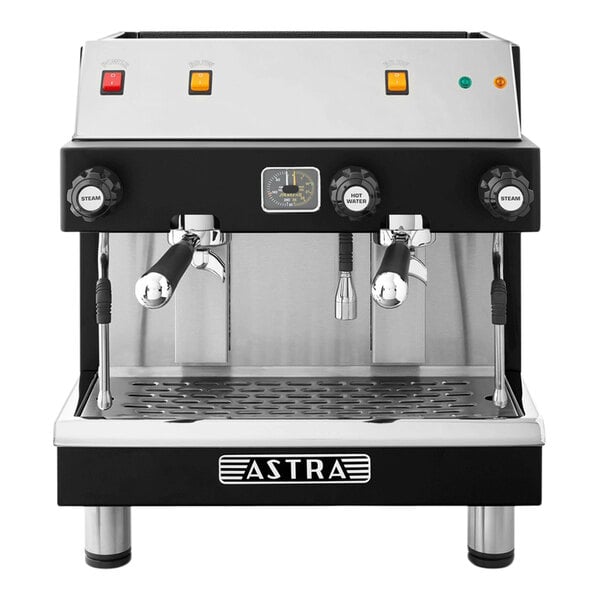 A black and silver Astra Mega II compact espresso machine.