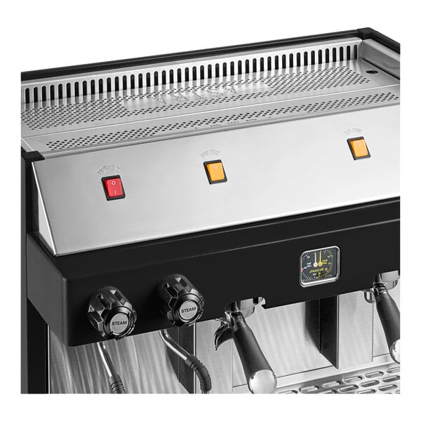 An Astra Mega II M2S-017-GLB semi-automatic black espresso machine with control knobs and switches.