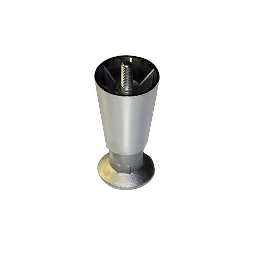 A close up of a silver metal True refrigeration equipment leg with a black screw on the end.