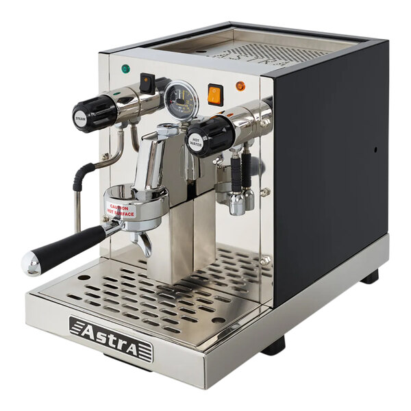 A black and silver Astra Gourmet espresso machine.