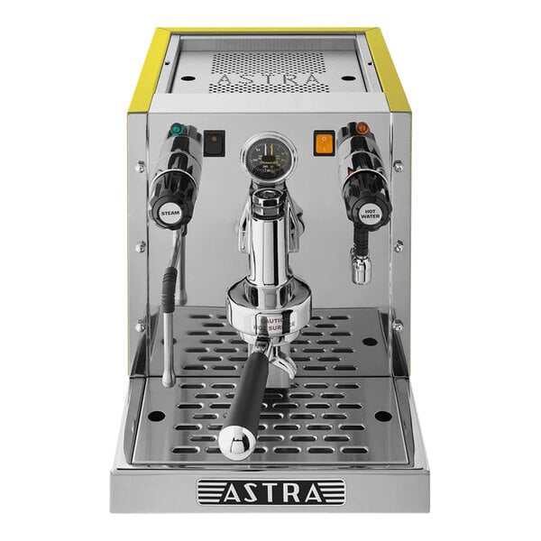An Astra Gourmet espresso machine with a yellow handle.