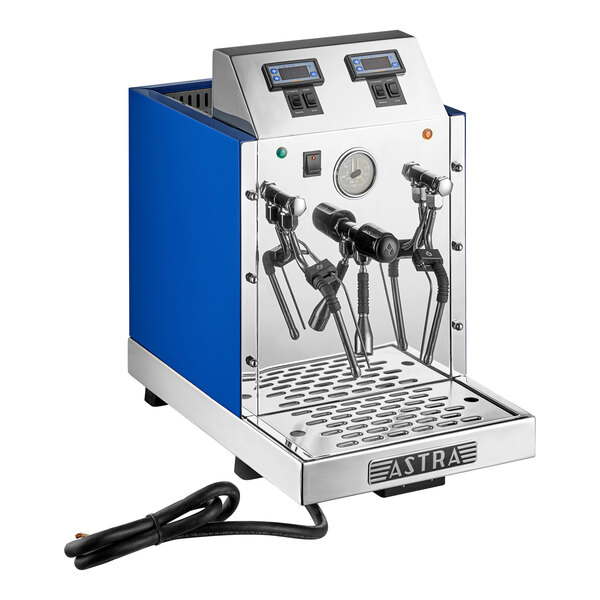 An automatic two-wand milk and beverage steamer with a blue and stainless steel exterior, digital controls, and a front pressure gauge.