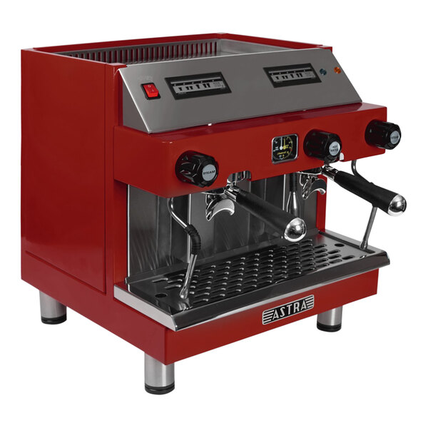 A red and silver Astra Mega II compact espresso machine.