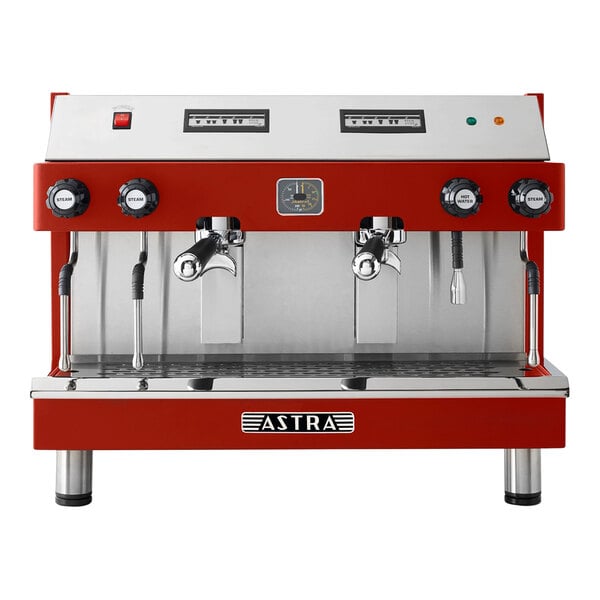 An Astra Mega II red and silver automatic espresso machine.