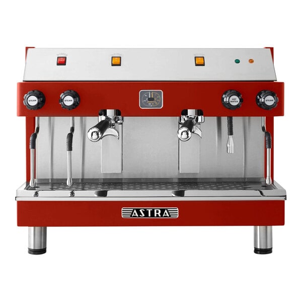 An Astra Mega II red and silver espresso machine.