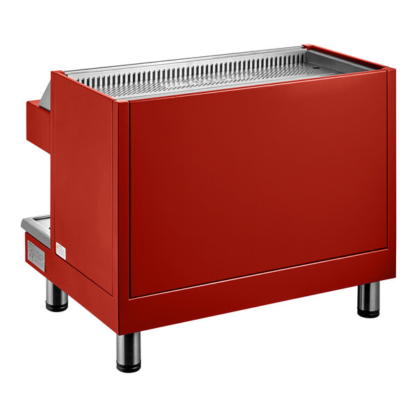 A red semi-automatic espresso machine with a stainless steel top and four metal legs.