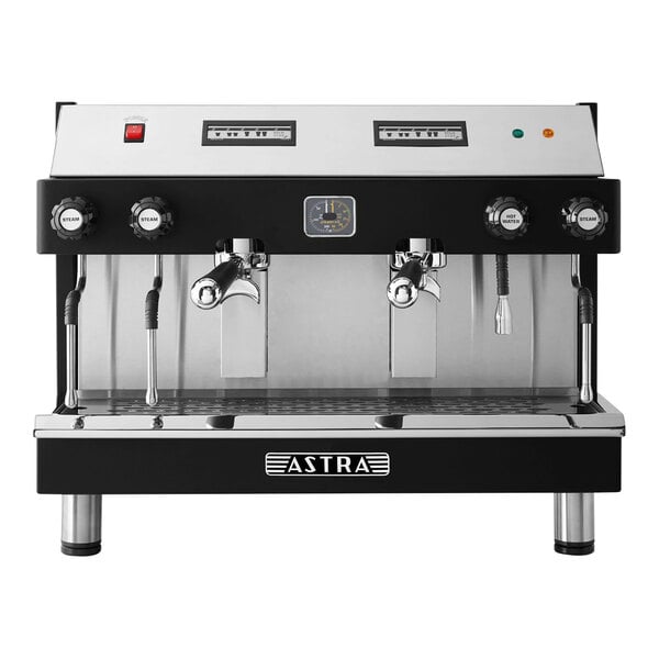 An Astra Mega II black and stainless steel espresso machine.