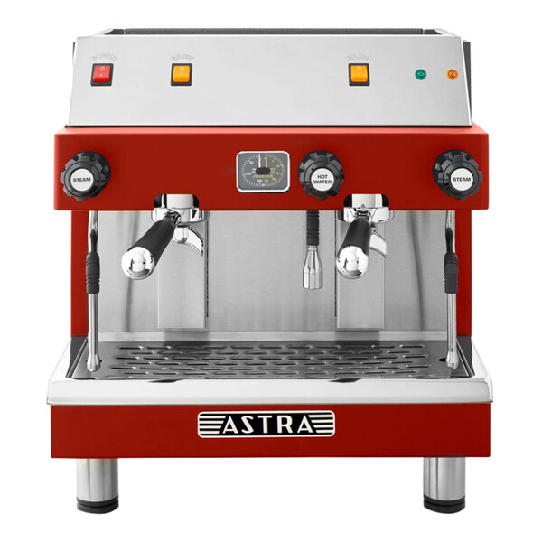 An Astra Mega II red and silver compact espresso machine.