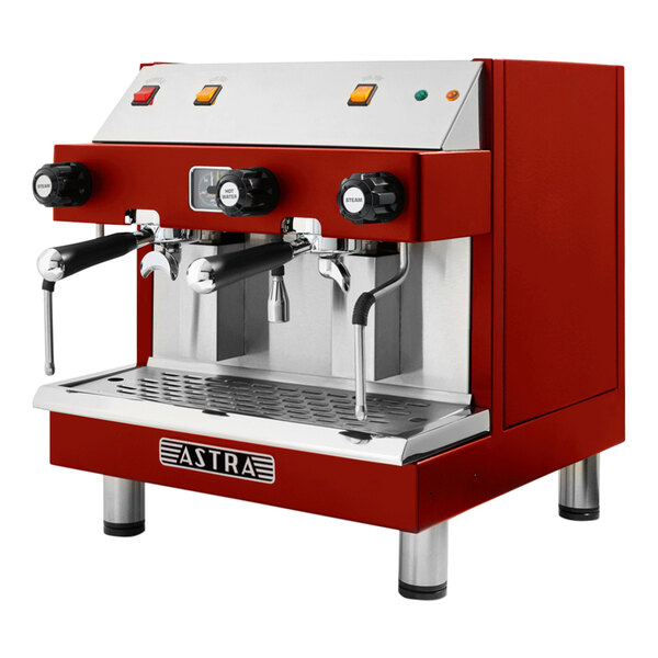 An Astra Mega II red and silver compact espresso machine.