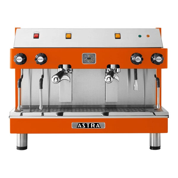 An orange and silver Astra Mega II espresso machine with two spouts.