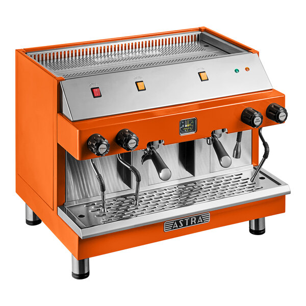 An orange semi-automatic espresso machine with dual group heads and steam wands.