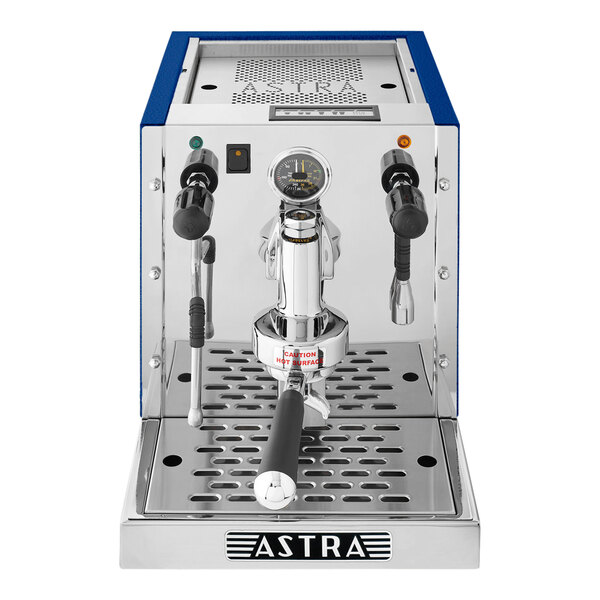 An Astra Gourmet blue and silver espresso machine.