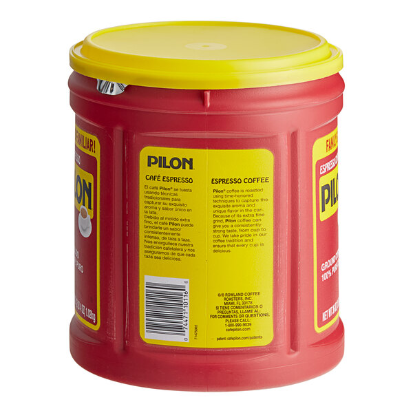 A red container of Pilon Espresso ground coffee with a yellow lid.