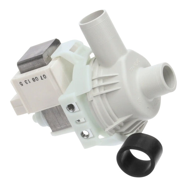 A white plastic water pump with a black ring.