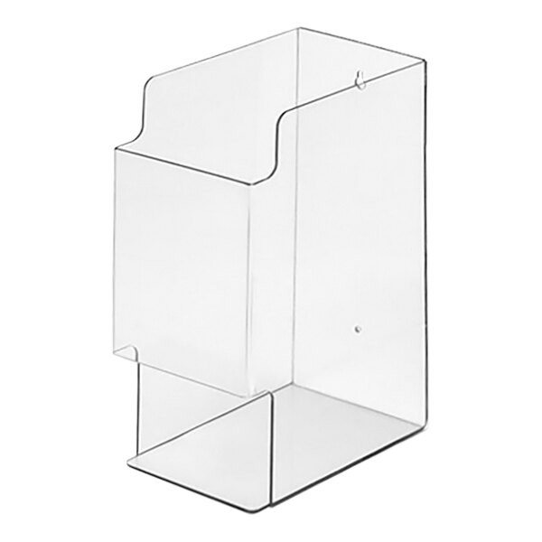 A clear plastic wall mount disposable glove dispenser with one opening.