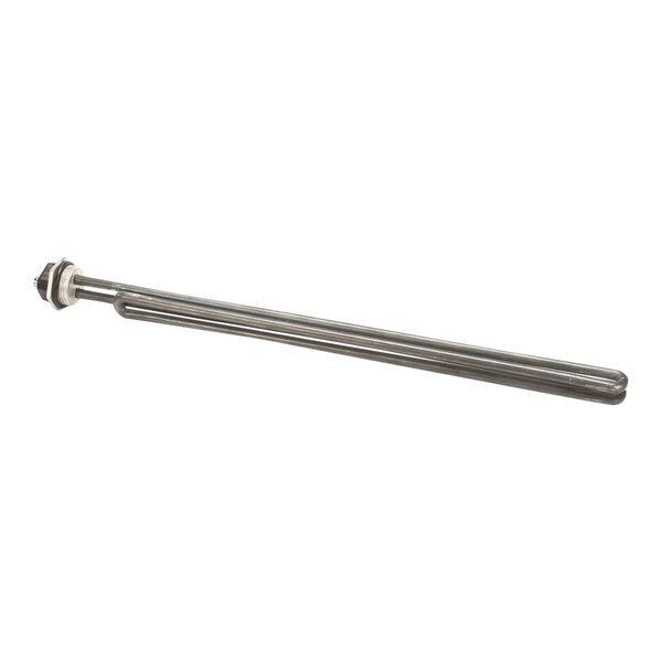 A stainless steel heating element with a nut on a metal rod.