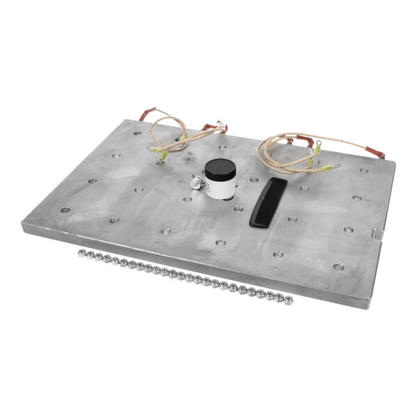 An Accutemp cast heater replacement kit metal plate with wires and screws.