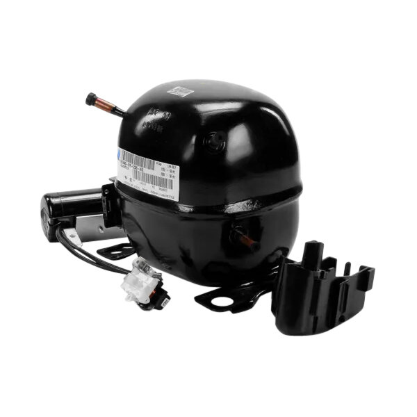 A black Beverage-Air compressor with a white label.